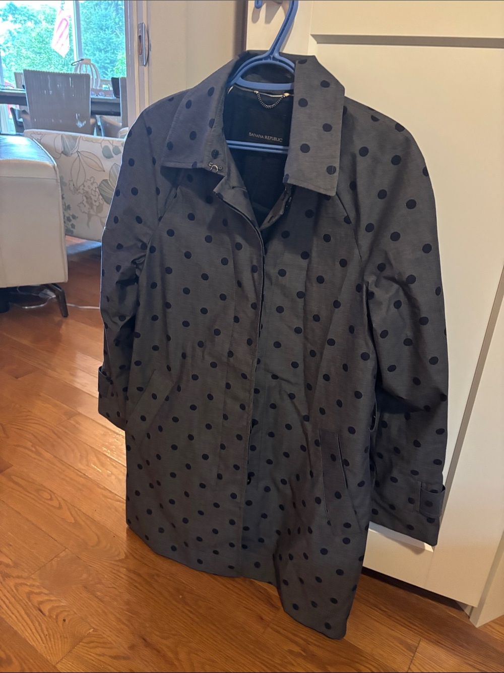 Banana Republic Gray Trench Coat with Black Polka Dots